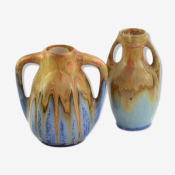 Duo de mini vases en grès émaillé signés Métenier