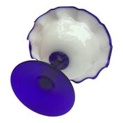 Vintage footed coupe in opaline white and cobalt blue blown glass –
