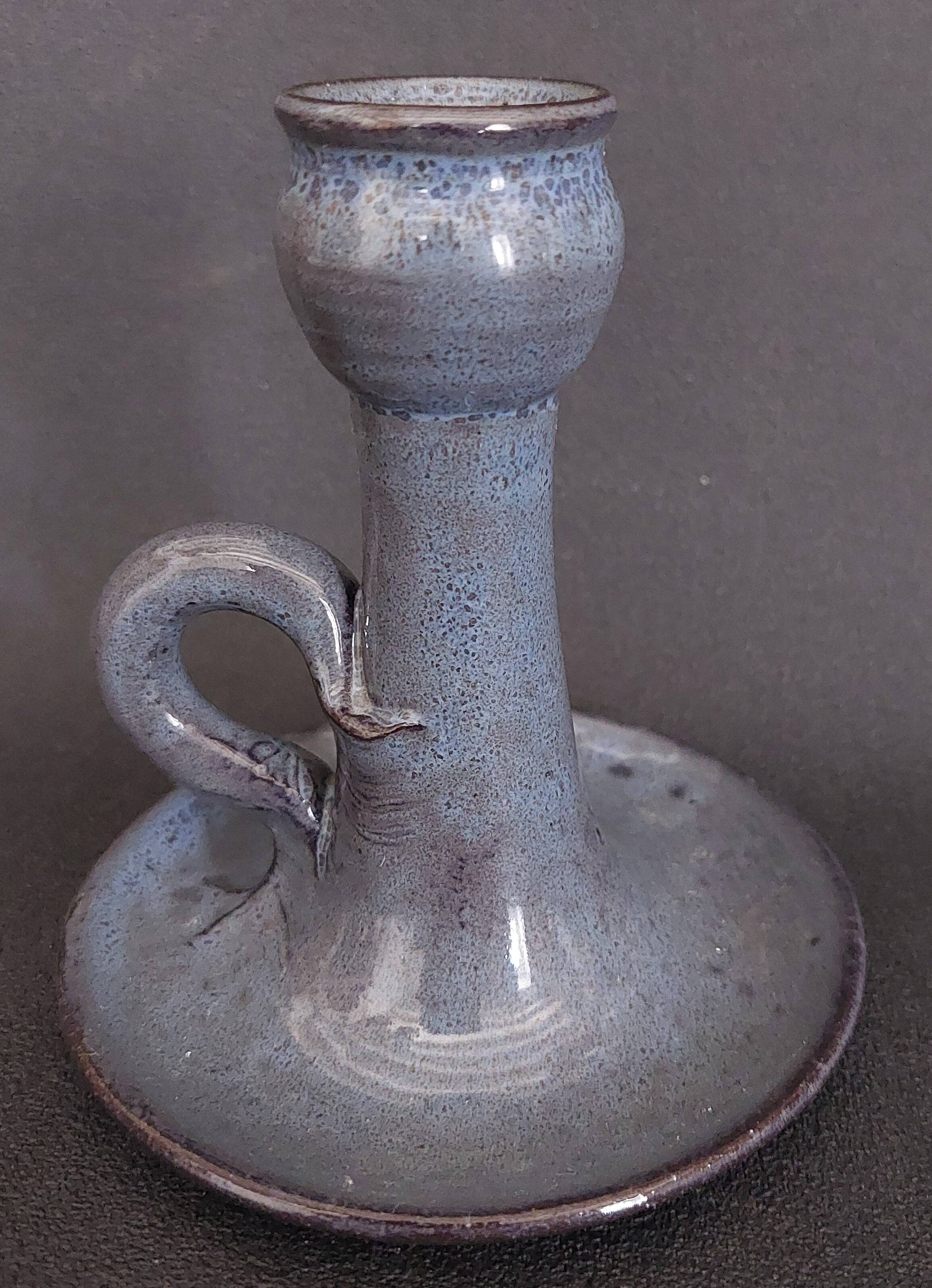 Vintage hand-held candle holder, ceramic, glazed terracotta, Saint Rome de Tarn X