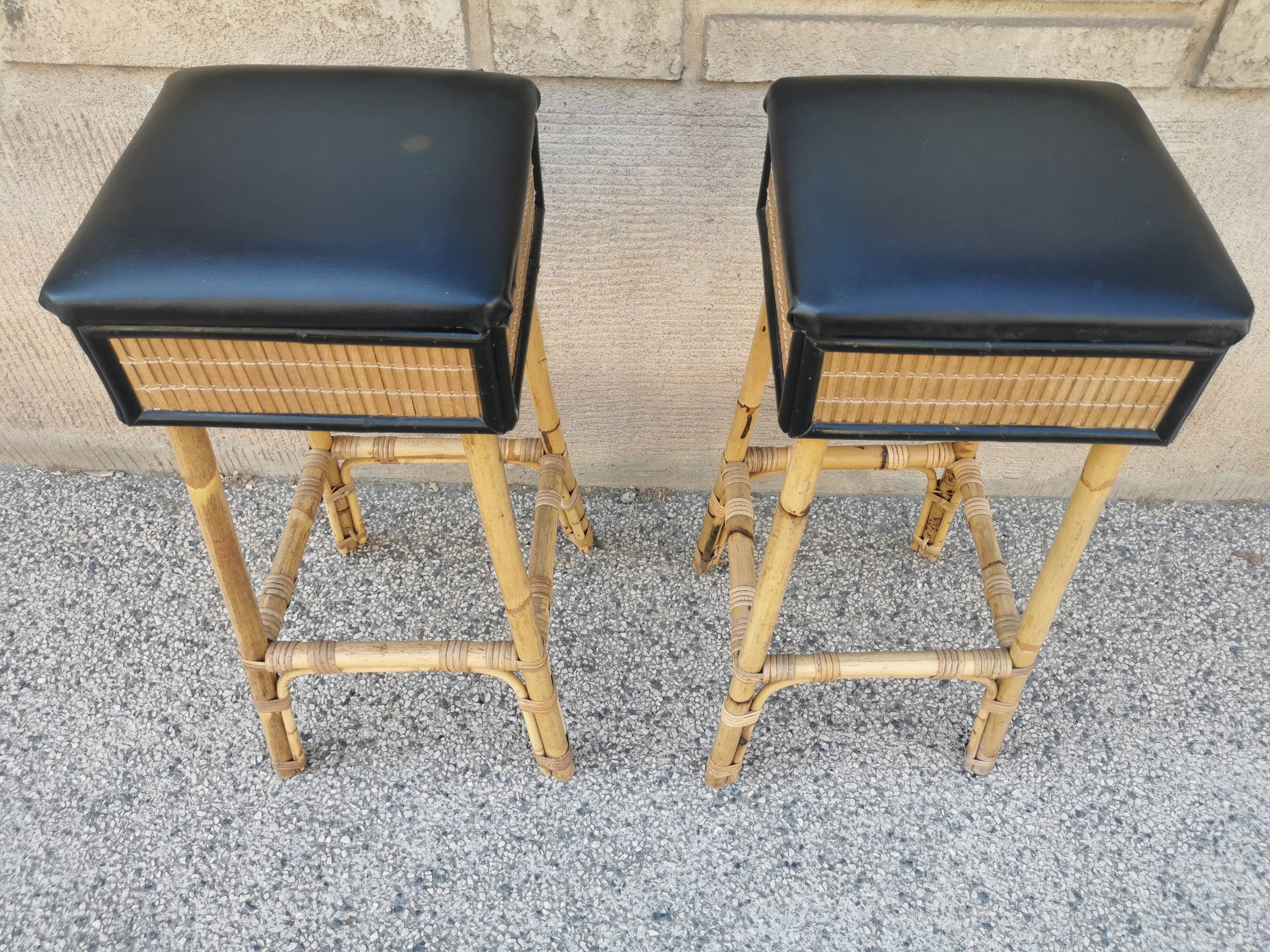 Pair of vintage bamboo stools from the 70s