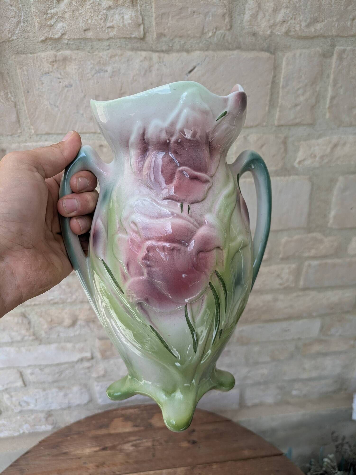 Art Nouveau barbotine vase Gerber Prestige Paris with floral decoration
