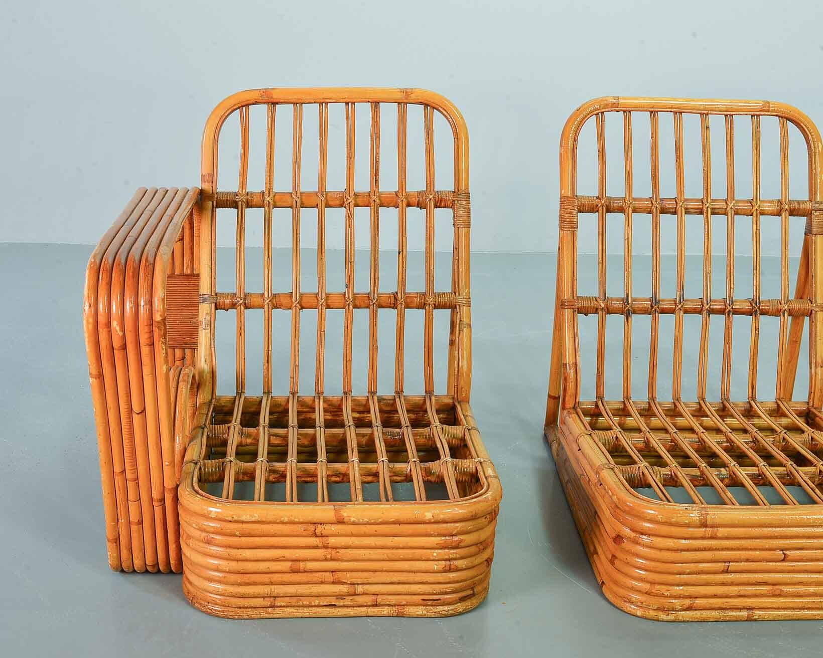 Exclusive Six Strand Rectangular Rattan 3-Seat Sofa after Paul Frankl, 50s