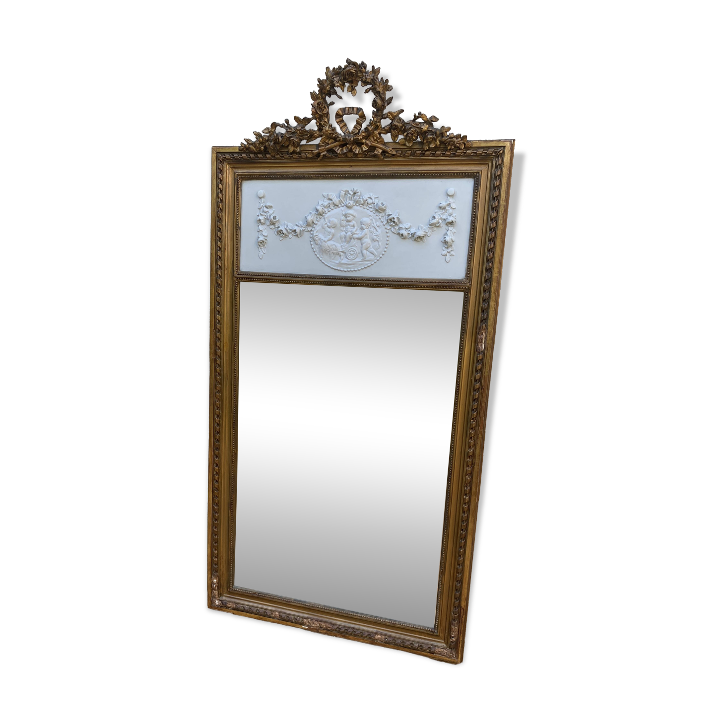 19th century Louis XVI style mirror in wood gilded with gold leaf, 74x150cm