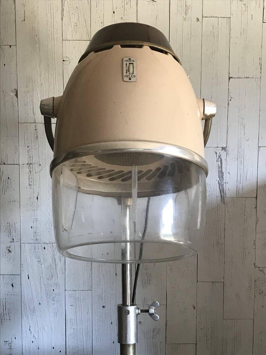 Fauteuil pivotant coiffeur 1960s en cuir beige/noir et métal argenté, style mid-century