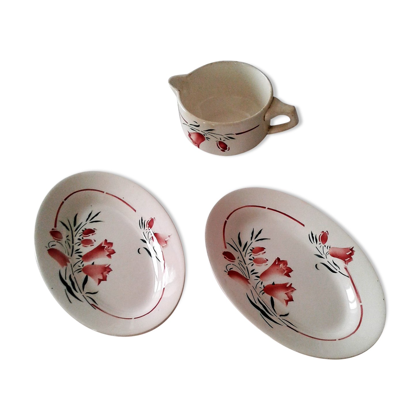 Set of two dishes and a large cup or saucer pattern of bluebells Saint-Amand