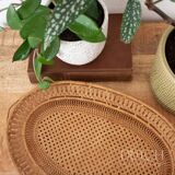 Panier vintage en rotin tissé à la main, tissage en dentelle ouverte, plat à bibelots en osier