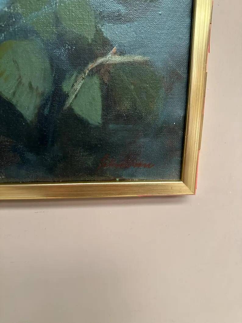 Original Swedish Oil on Canvas – “White Flowers” by M. Jakobsson – Signed – Vintage & Framed – 46 × 44 cm (18.1" × 17.3")