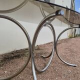Vintage oval design table in smoked glass and chrome legs