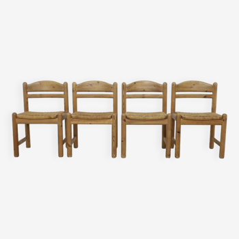 4x Chaises de salle à manger en pin et rotin par Lindebjerg Danemark, 1970