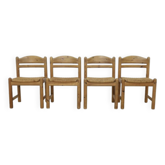 4x Dining Chair in Pinewood and Rattan by Lindebjerg Denmark, 1970s