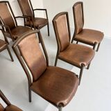 Set of 8 wooden and thick leather armchairs, Girsberger design, 80s