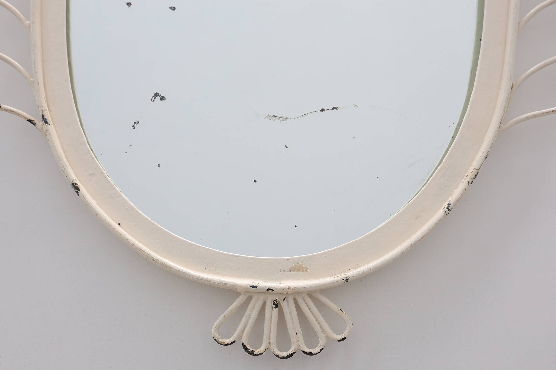 French White Lacquered Metal Mirror with Looped Wire Frame and Fan Crest, 1