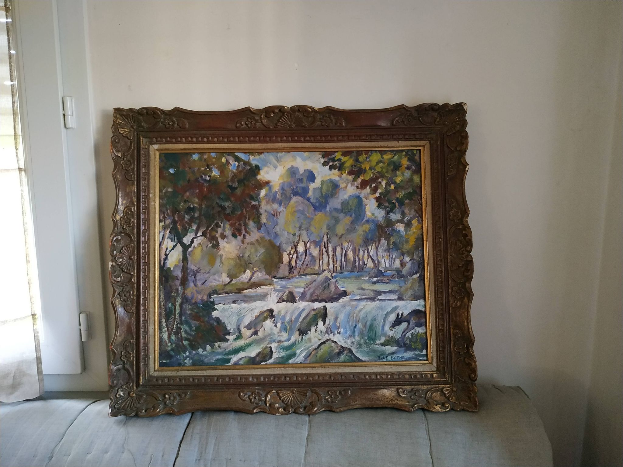 Huile sur panneau "le passage de gué"