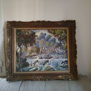 Huile sur panneau "le passage de gué"