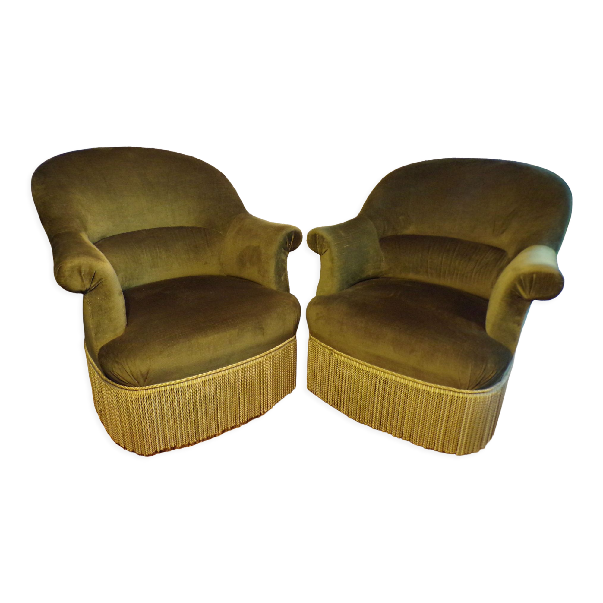 Pair of green velvet toad armchairs