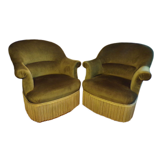 Pair of green velvet toad armchairs