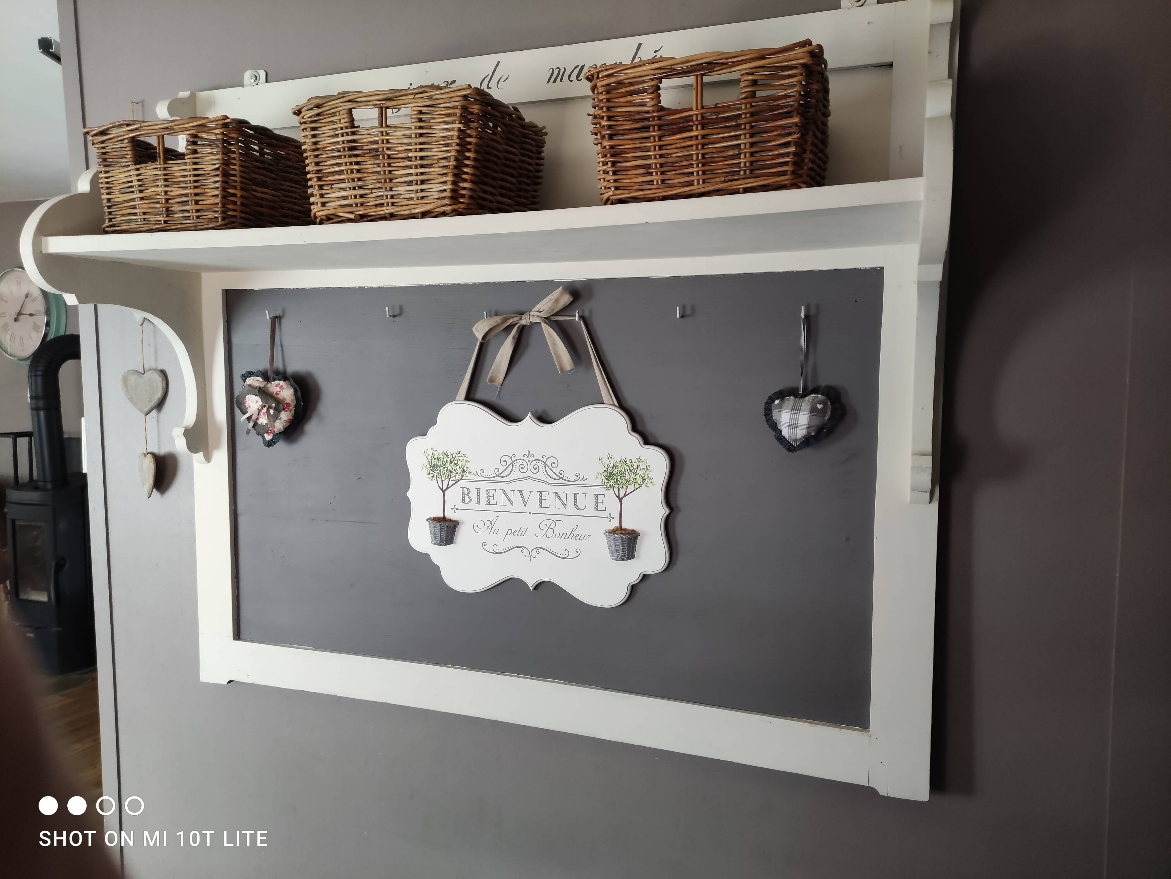 Old white and taupe “Market Day” oak shelf