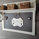 Old white and taupe “Market Day” oak shelf