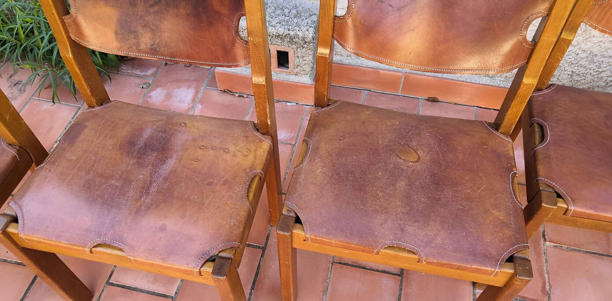 Series of 6 elm and leather chairs from the Maison Regain 60s