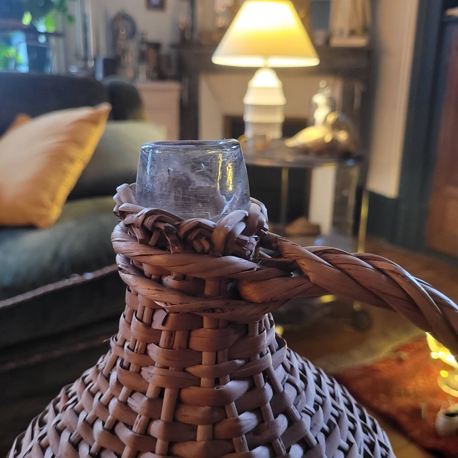 Glass demijohn encased in wicker, 1950s–1960s