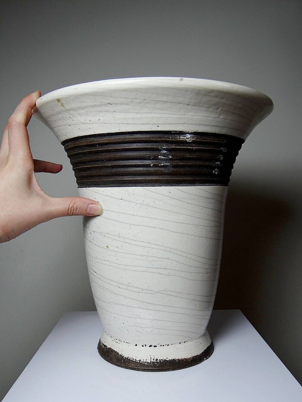 Large modern Raku lamp in beige and brown by Keramos Sèvres - René Hénon