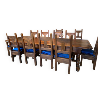 Large solid oak refectory table + 12 chairs