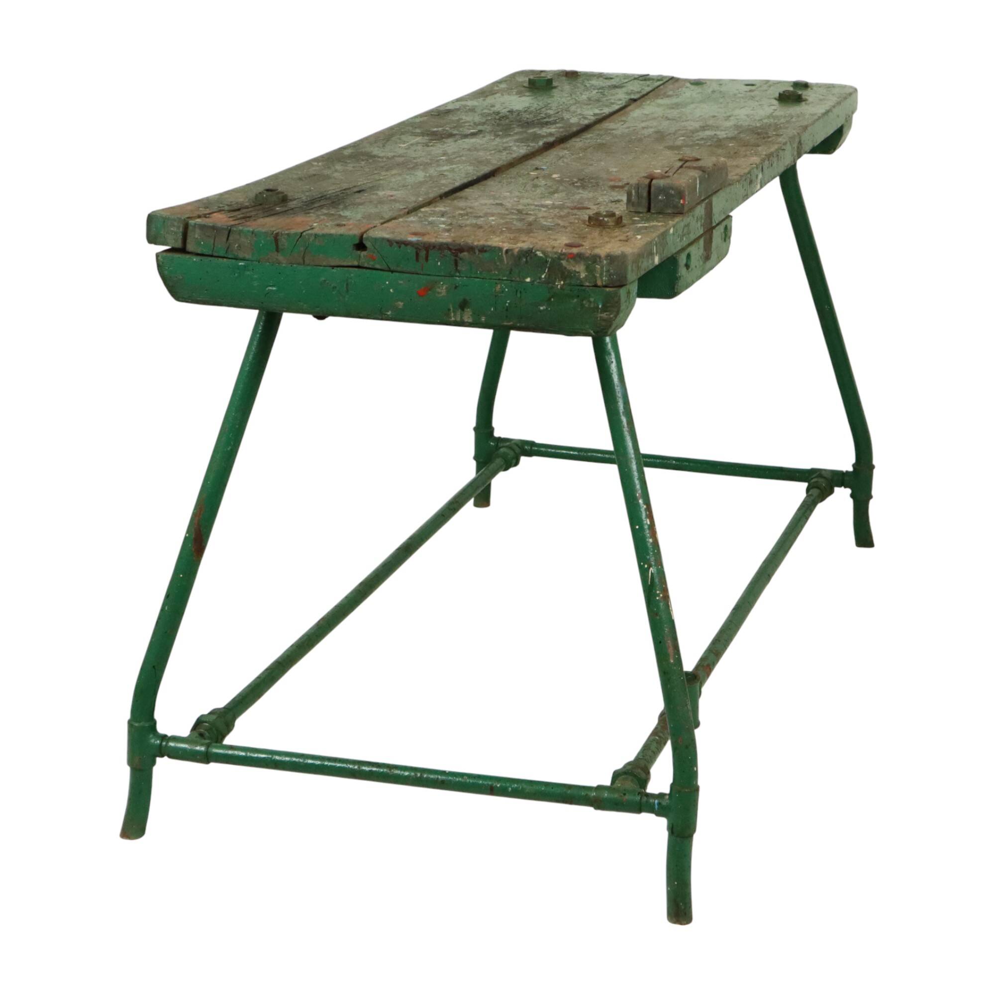 Unique Green Industrial Workbench Work Table Wood Metal 160cm