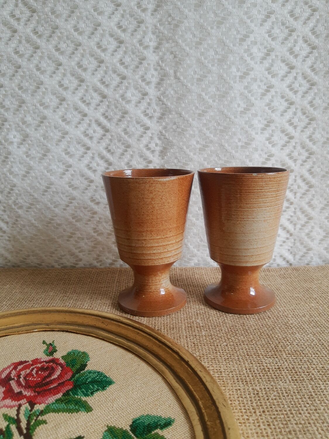Duo of mazagran cups in vintage Montgolfier sandstone