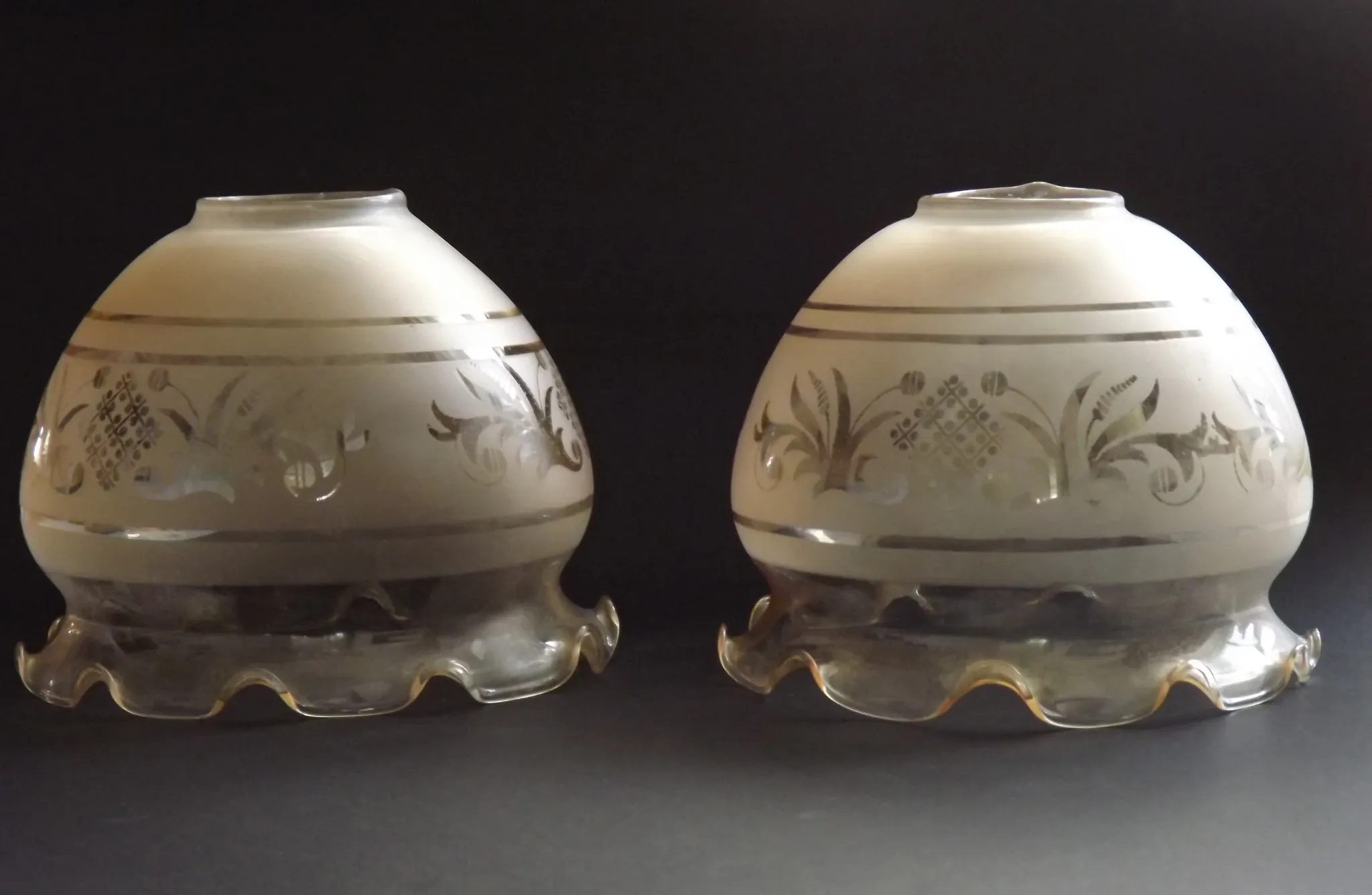Set of 2 Vintage French Amber Patterned Glass Shades Frilled Edge