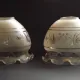Set of 2 Vintage French Amber Patterned Glass Shades Frilled Edge