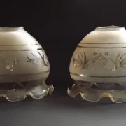 Set of 2 Vintage French Amber Patterned Glass Shades Frilled Edge