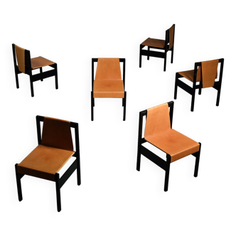 Set of black lacquered wooden chairs with leather, Swiss architect's work, 1980s.
