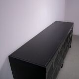 Black oak brutalist sideboard by Jean Batenburg with graphical doors for MI, Belgium