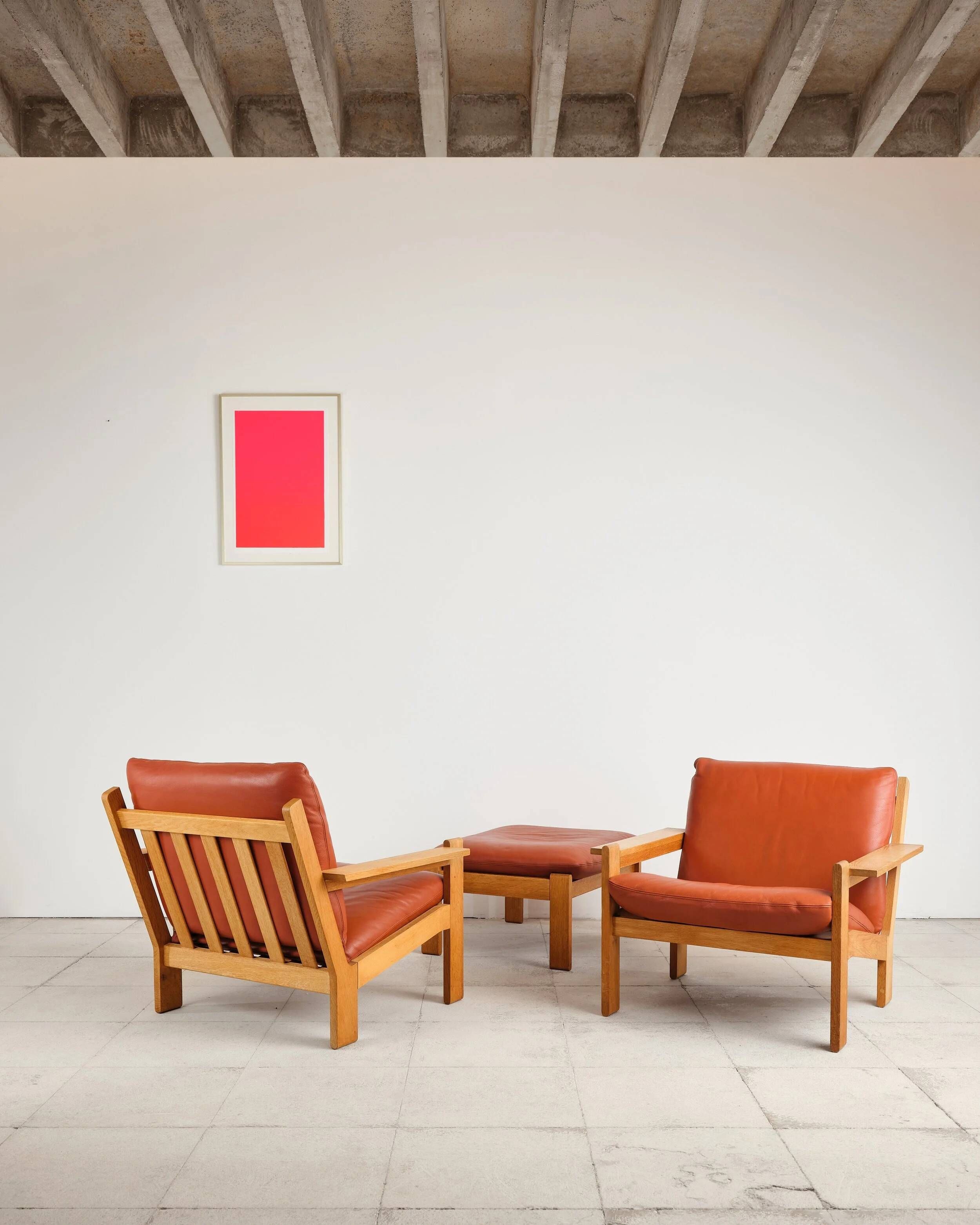 Brutalist oak and leather sofa, Tage Poulsen, 4 pieces, Denmark, 1970s.