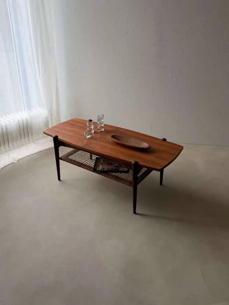 Vintage Creafort coffee table 1960s teak with rattan magazine shelf