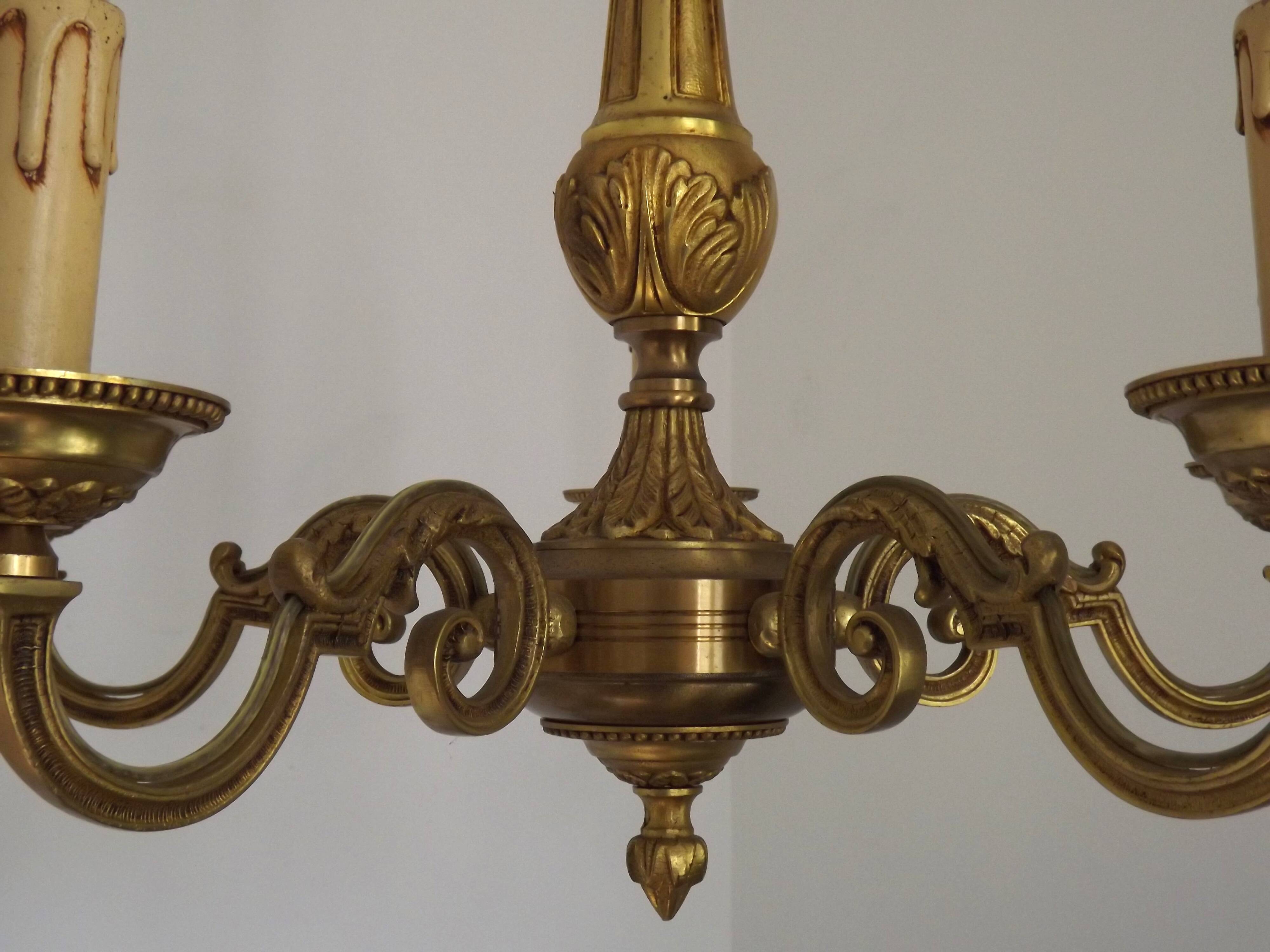 French Vintage Mid-Century Bronze 5-Light Traditional Style Chandelier