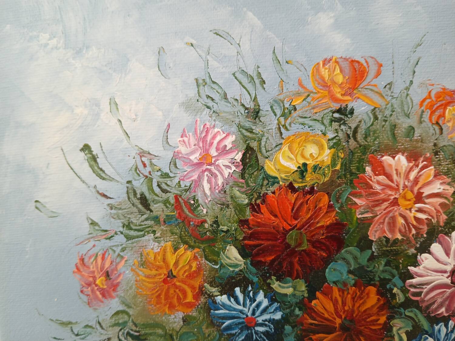 Small painting, bouquet of flowers, blue background