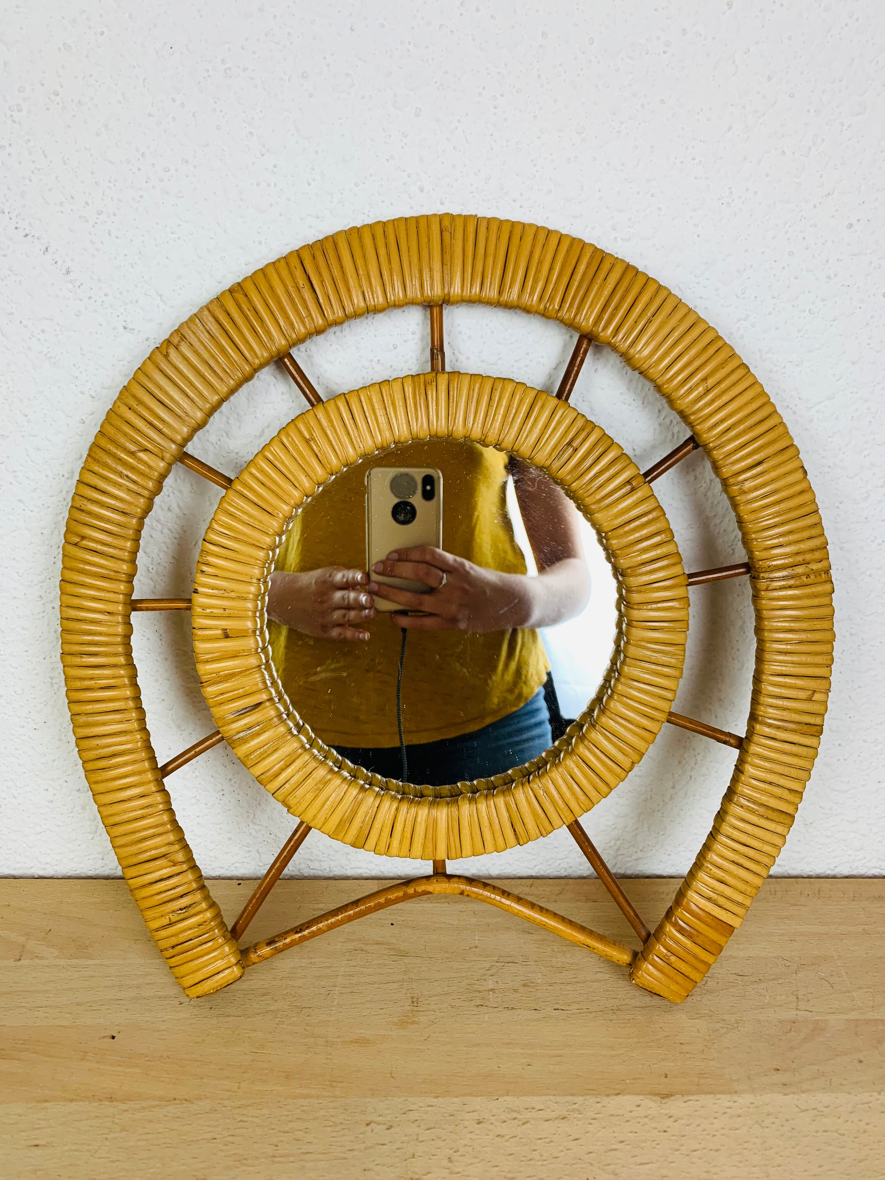 Miroir soleil rotin vintage 37 cm