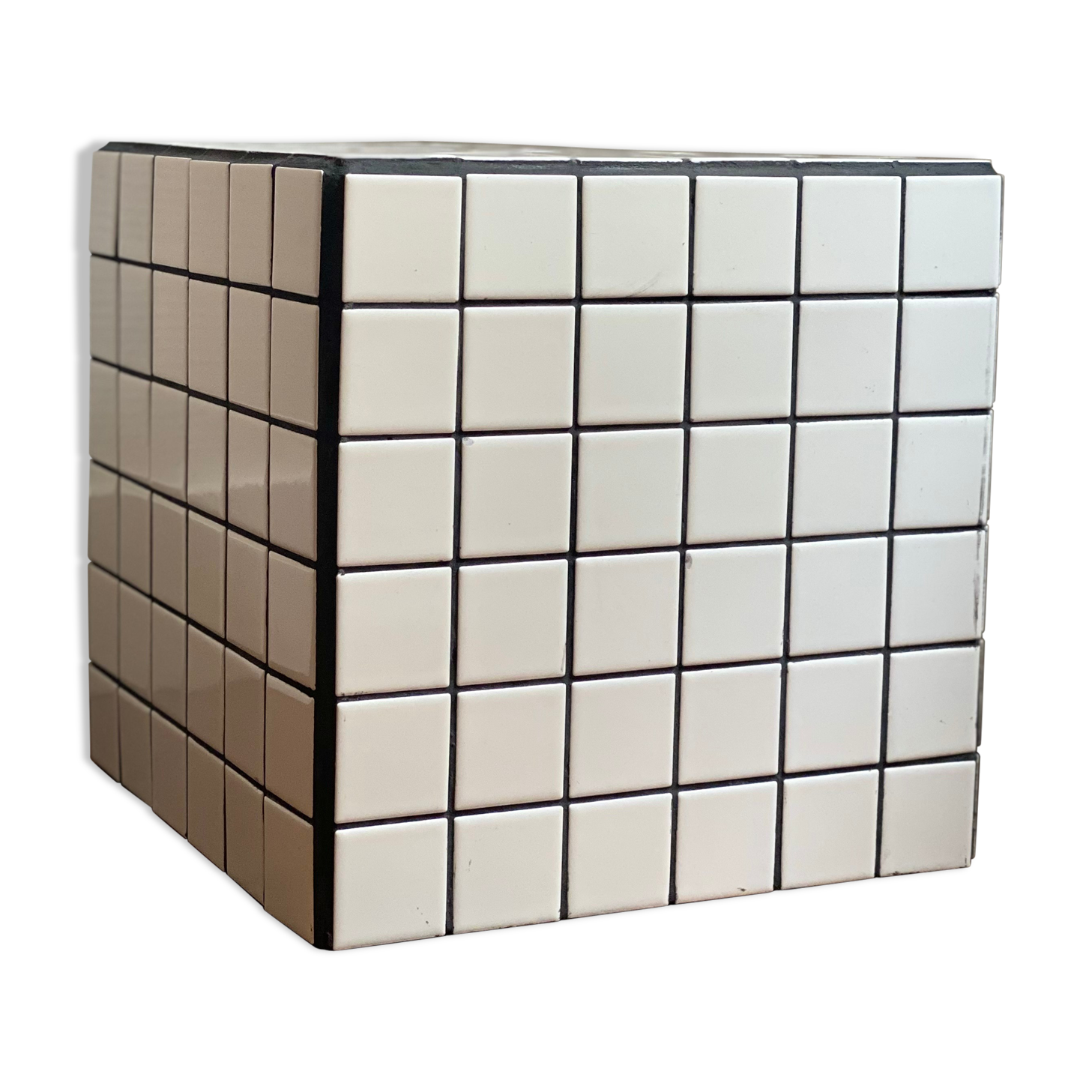 Checkerboard cube bedside table tiled white retro black tile