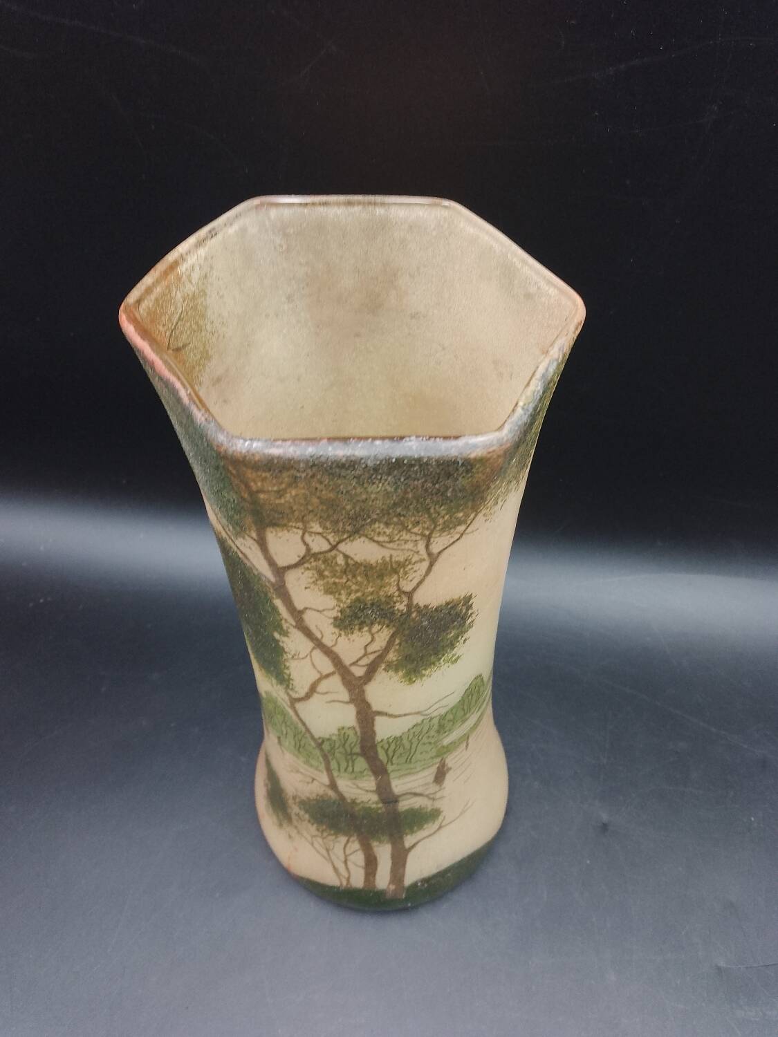 Large Diabolo Vase with Cut Sides in Legras Glass Autumn Decor Circa 1920 27.5cm