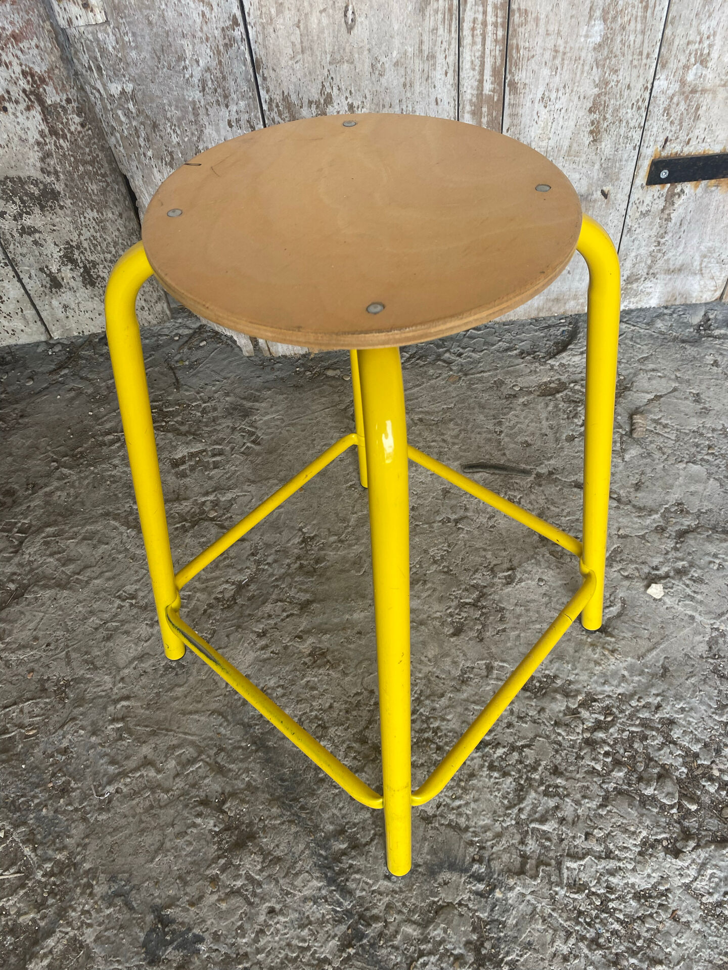 Vintage Industrial Stool Yellow Metal Tube + Wooden Seat