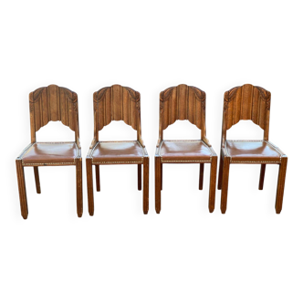 Lot de 4 chaises gondole art déco en bois massif chêne cuir skaï marron