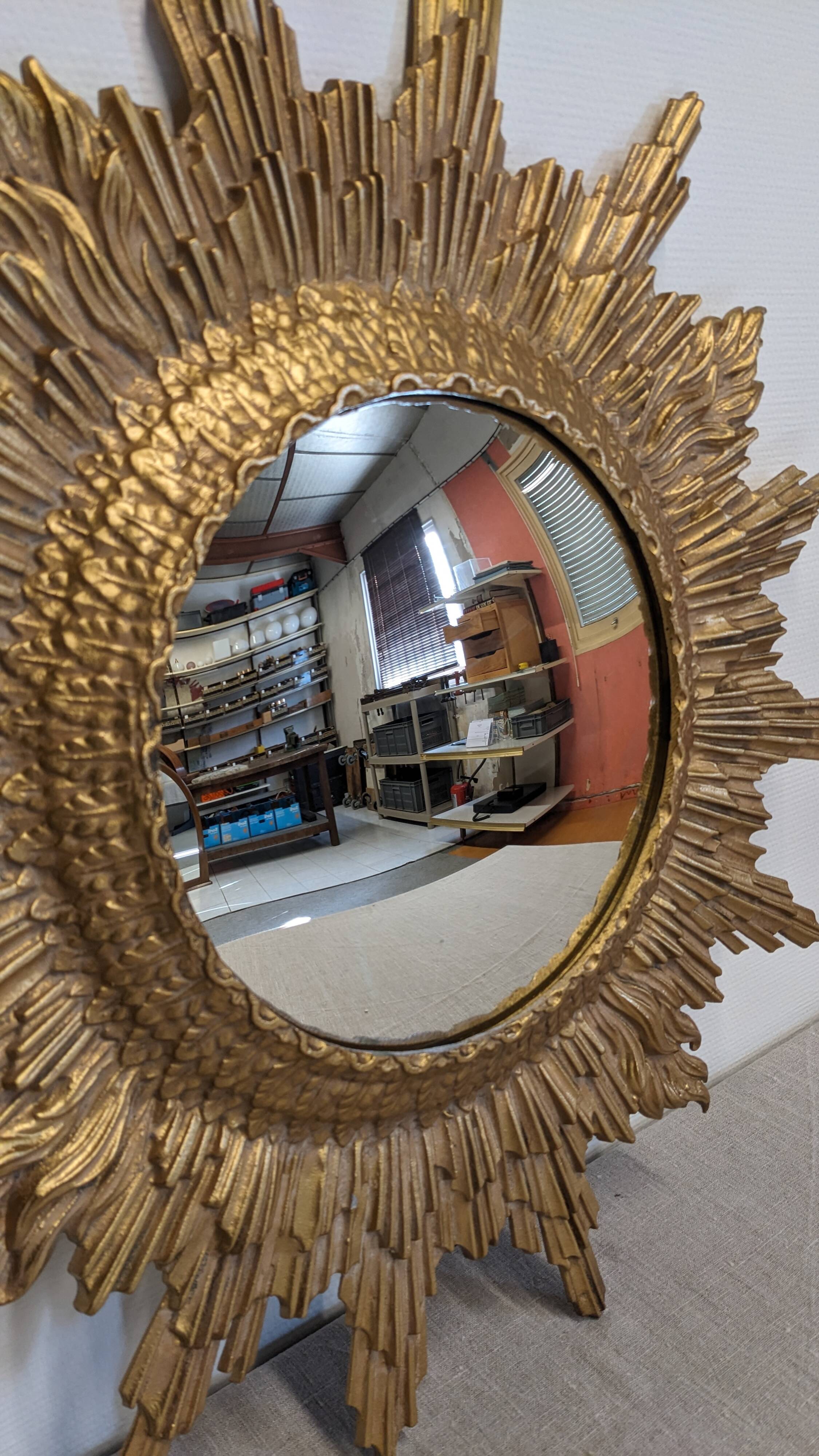 XL witch's eye sun mirror in gilded metal, Italy circa 1970