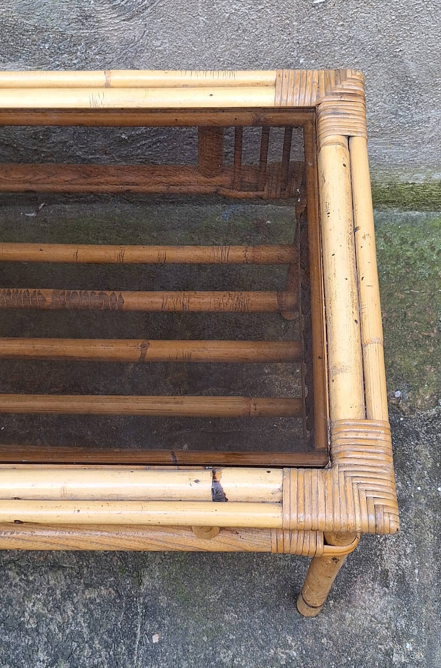 Rattan and smoked glass coffee table