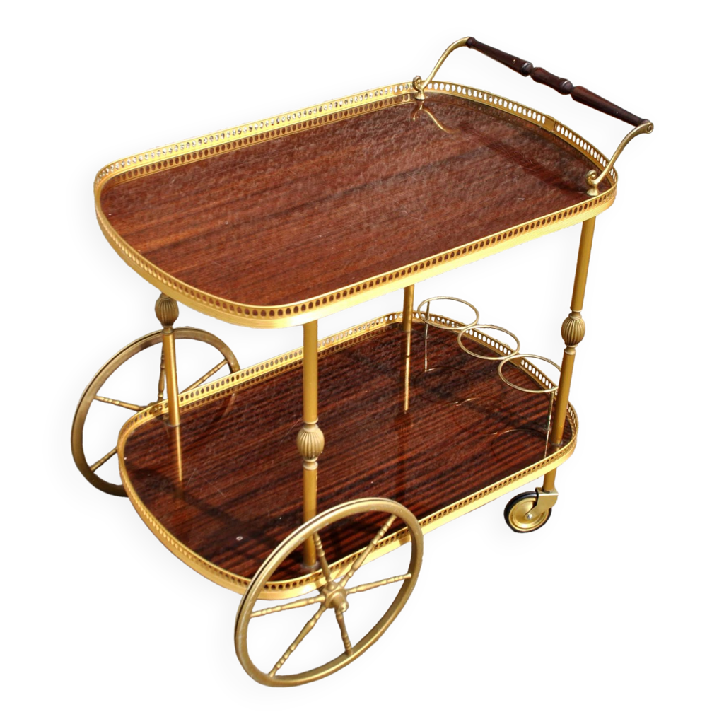 Desserte bar à roulette vintage en métal doré mat et mélaminé 1960