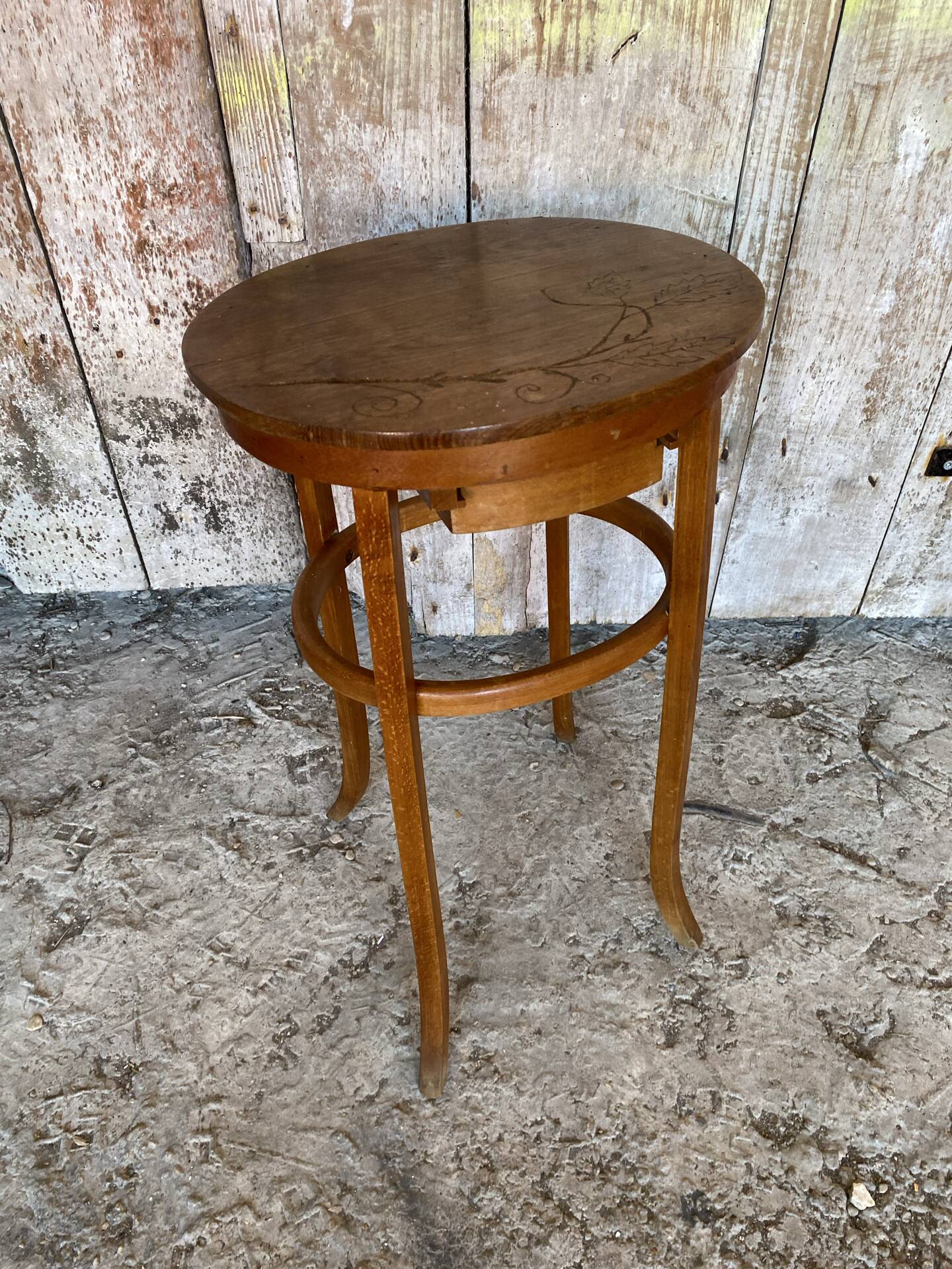 Antique Bedside Table Curved Wood THONET Style + Carved Drawer Wine