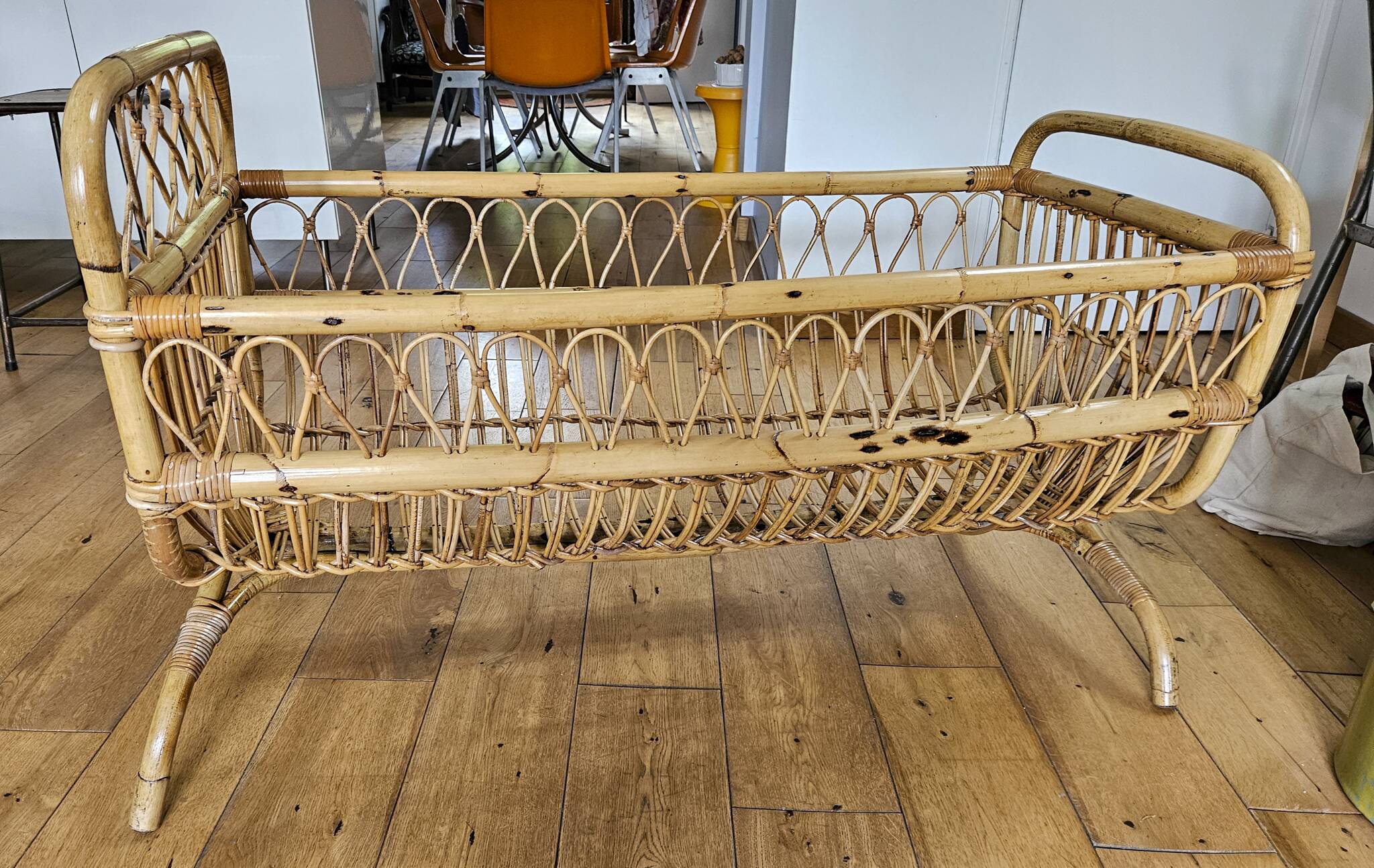 Vintage rattan and bamboo baby bed / cradle