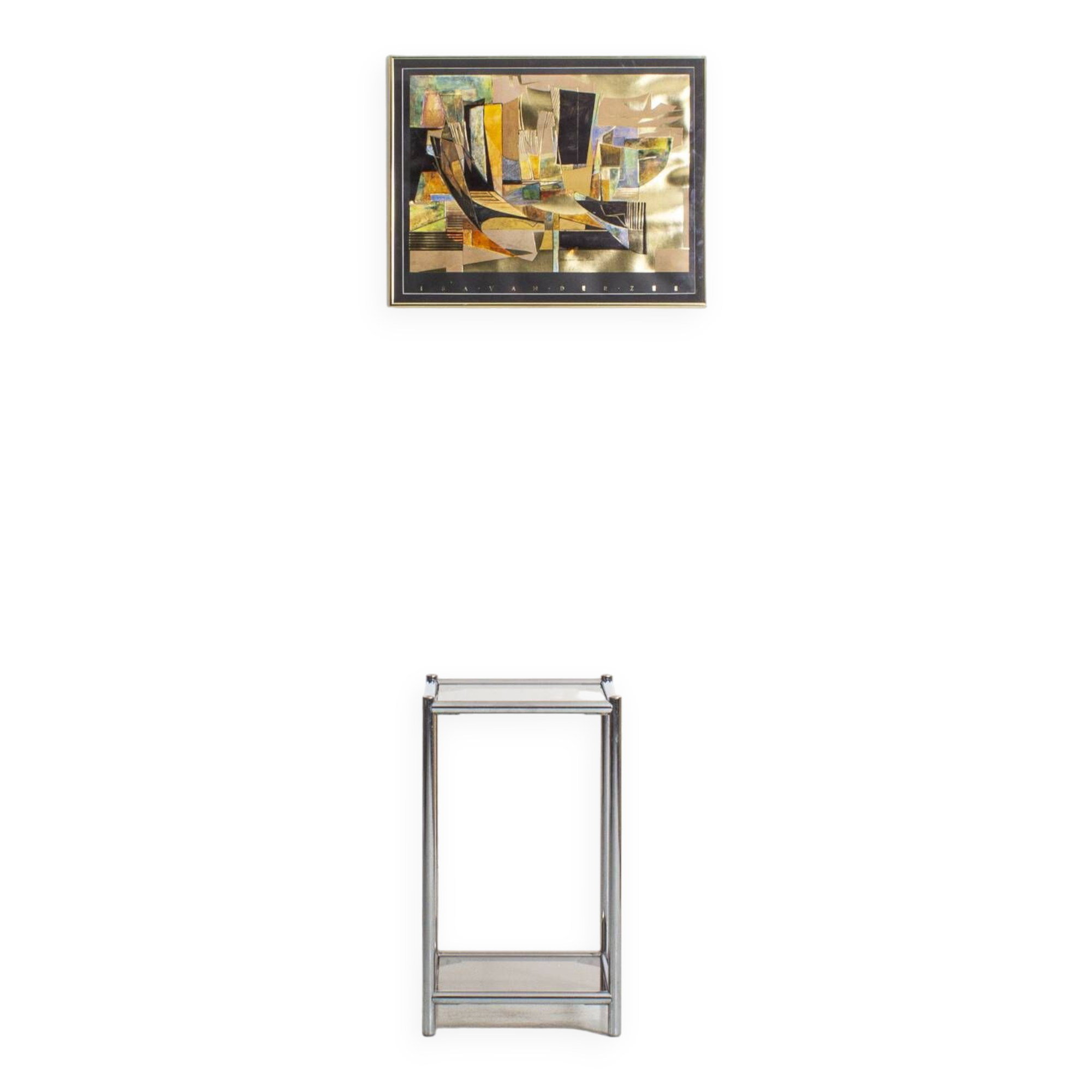 Bolster or end table in chrome steel with smoked window.