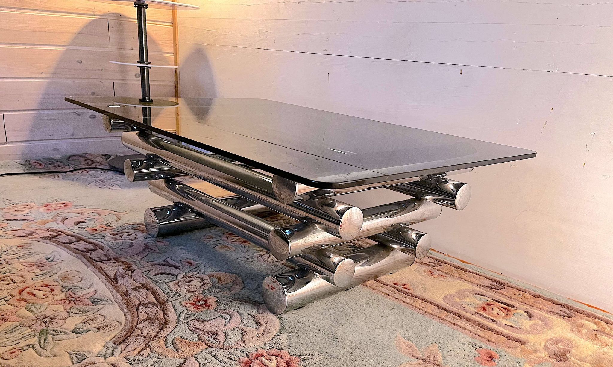 Chromed metal and smoked glass coffee table, dlg Willy Rizzo, mid-20th century