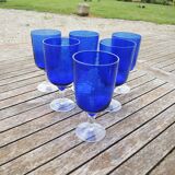 6 large blue textured glass stemmed glasses